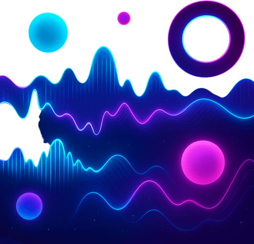 A futuristic abstract 2D background for a rhythm game start screen.
Neon color palette — cyan, magenta, and deep purple.
Floating glowing spheres, waveforms, and pulse rings layered over a dark space-like gradient background.
Visual elements should feel musical — like a living audio visualizer.
High detail, soft glowing effects, minimal UI clutter space in center.
Style: Digital art, vibrant, atmospheric..
In-Game asset.  2d.  High contrast.  No shadows