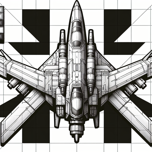 top-down view, spaceship in the shape of a fighter jet. pointed upwards.
Single Game Texture.  In-Game asset.  2d.  Blank background.  High contrast.  No shadows