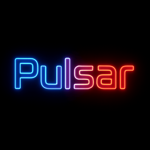 The word 'Pulsar' in a glowing neon SVG in futuristic font. The word is half blue on the left and half red on the right.

In-Game asset.  2d.  High contrast.  No shadows