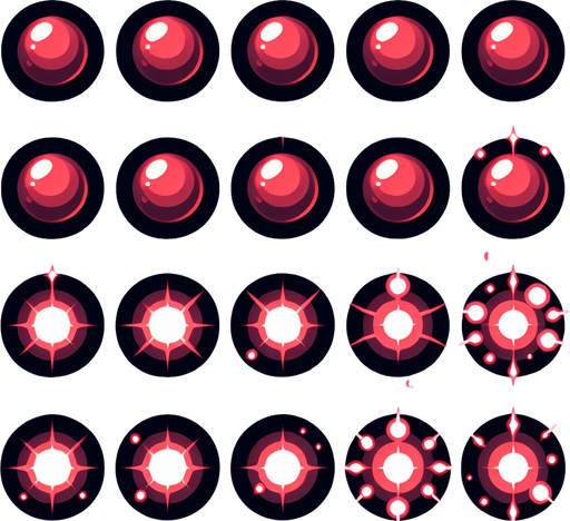 A sprite sheet of glowing red orbs for charging a laser.
Single Game Texture. In-Game asset. 2d. Blank background. High contrast. No shadows.