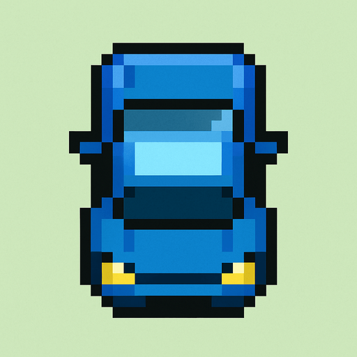 Blue car 2d pixilated topdown.
In-Game asset.  2d.  High contrast.  No shadows