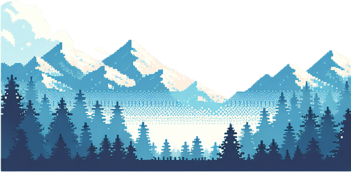 Create a pixel rendition of a winter skyline for a pixel game. The image should feature a light blue sky dominating the scene, with subtle pixelated outlines of mountain crests at the bottom. The sky needs to be clear and bright, showcasing the crispness of a winter day in a pixel art style. Use a gradient of light blue near the pixelated mountain silhouettes, gradually transitioning to a deeper blue towards the top of the image, all in a charming, pixelated format to evoke a serene, wintry atmosphere.. 8 bit. Single Game Texture. In-Game asset. 2d. Blank background. High contrast. No shadows.