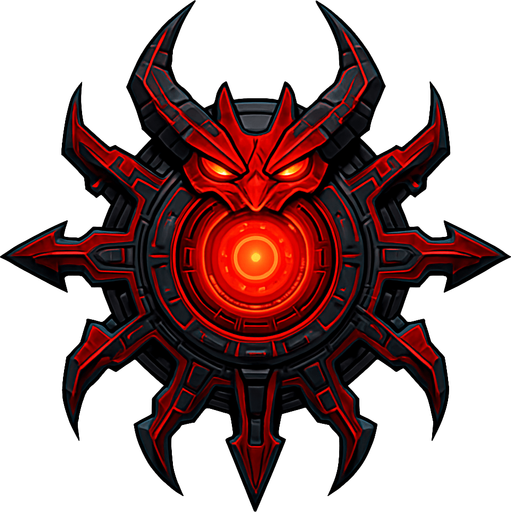 Topdown view, flying red demonic virus boss, evil-looking, sharp edges, glowing red core, cyber style, futuristic tech details, no background, circular, symmetrical.
In-Game asset.  2d.  High contrast.  No shadows