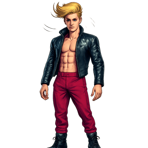 Swishy graceful man Cyberpunk manga, idle animation, shiny black leather biker jacket longsleeves shirtless Skinny abs blonde pompadour guy, wine red joggers combat boots, Background removed, "Full-body character, entirely in frame, no cropping of face, head, or feet" "Complete character visible, from head to toe, fully centered in the image" "Entire character, including face and boots, fully within the frame" Character fully contained within a square frame, no edges cut off fashion model idle pose