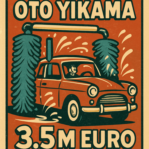 Oto yıkama ile alakalı bir görsel oluştur . Bu görselin altında 3.5M Euro yazsın. Retro temada bir görsel olsun ..
In-Game asset.  2d.  High contrast.  No shadows