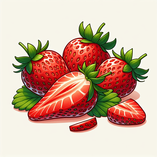 Lush, mature strawberries, cleaned and slices and ready for use in bakery or for decoration..
Single Game Texture. In-Game asset. 2d. Blank background. High contrast. No shadows.