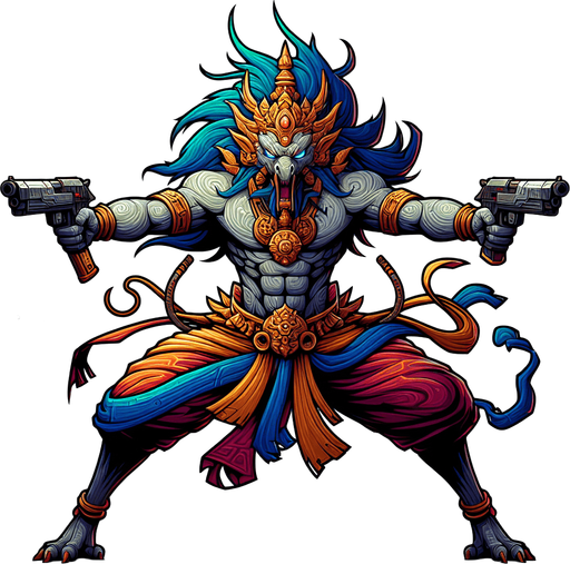 2d animation garuda man play shoot 2 gun 2 direction left and right.
Single Game Texture.  In-Game asset.  2d.  Blank background.  High contrast.  No shadows