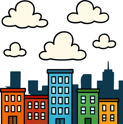 fondo de caricatura 2d, en la parte de abajo se vea edificios de ciudad y el 70% que sea del cielo.
In-Game asset.  2d.  High contrast.  No shadows