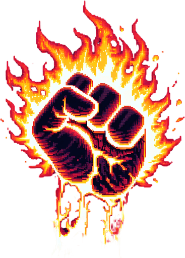 Text SUPER COMBO! Gradient, Fists In fire.
Single Game Texture. In-Game asset. 2d. Blank background. High contrast. No shadows, Detailed Pixel art style