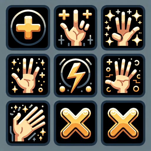 create a sprite sheet of 6 buttons, the first hand icon with a +, hand icon with an electricity icon, another with a golden hand, another with a hand and an ×, and one with a hand icon, written max.
Single Game Texture.  In-Game asset.  2d.  Blank background.  High contrast.  No shadows
