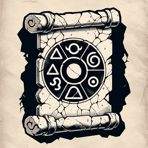 a cracked stone tablet or ancient scroll depicting elemental symbols with a subtle glow..
Single Game Texture.  In-Game asset.  2d.  Blank background.  High contrast.  No shadows