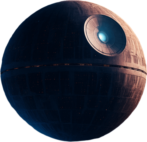 A dramatic sci-fi space background featuring a massive spherical orbital station inspired by the Death Star, orbiting a distant planet. The station has detailed surface structures, illuminated trenches, and a large superlaser dish glowing softly. Surrounding the station are small starfighters flying in formation against a vibrant starfield filled with colorful nebulas in shades of blue, purple, and orange. The distant planet below shows visible continents and atmosphere with soft clouds. The scene is cinematic and mysterious, with dynamic lighting and subtle lens flares to enhance depth and realism. High resolution, widescreen format, concept art style, original and copyright-safe..
In-Game asset.  2d.  High contrast.  No shadows