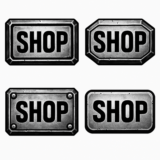 Different shop buttons of metal, metal rectangles
In-Game asset.  2d.  High contrast.  No shadows
