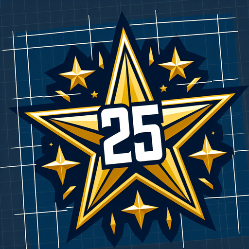 western gold star with 25 written on it.
Single Game Texture. In-Game asset. 2d. Blank background. High contrast. No shadows.