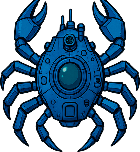 vertical top down blue king crab scifi submarine.
In-Game asset.  2d.  High contrast.  No shadows