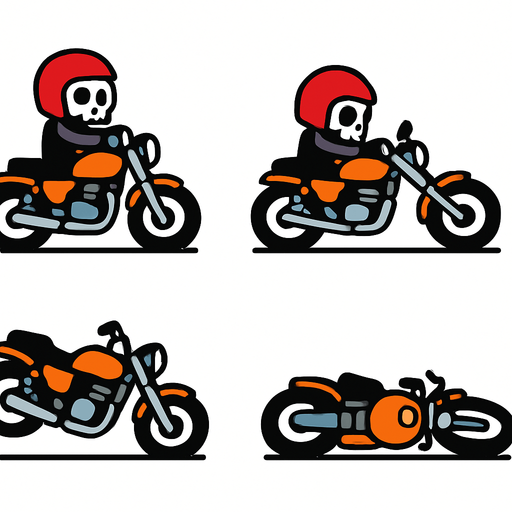 Create a simple 2D animation of an enemy motorcycle falling sideways to the ground.  
The animation should have 5 frames showing the bike tilting and then lying flat.  
Use a cartoonish style matching a simple 2D game..
In-Game asset.  2d.  High contrast.  No shadows