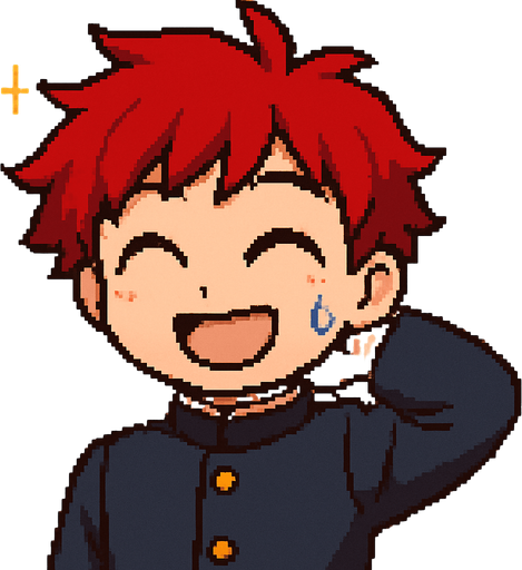 A kawaii anime boy scratches the back of his neck while laughing with his eyes closed, as a bead of sweat runs down his cheek