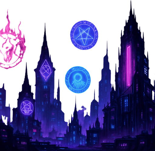 16:9 banner, Neon cyberpunk horror landscape scene futuristic spires skyscrapers towers skyline hologram sigils lovecraftian bladerunner tower defense neon purple blue pink occult sigils projections 3d