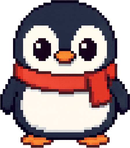 El pingüino debe ser un personaje tierno y redondeado, con cuerpo negro y blanco bien definido, picos y patas naranjas, y ojos grandes y expresivos que transmitan simpatía; puede llevar una bufanda roja o gorrito invernal como detalle extra, y debe tener una animación suave de balanceo lateral o parpadeo para darle vida; el estilo debe ser pixel art limpio, con trazos simples y colores vivos, y el fondo transparente para que se integre perfectamente en un juego casual y alegre.
In-Game asset.  2d.  High contrast.  No shadows