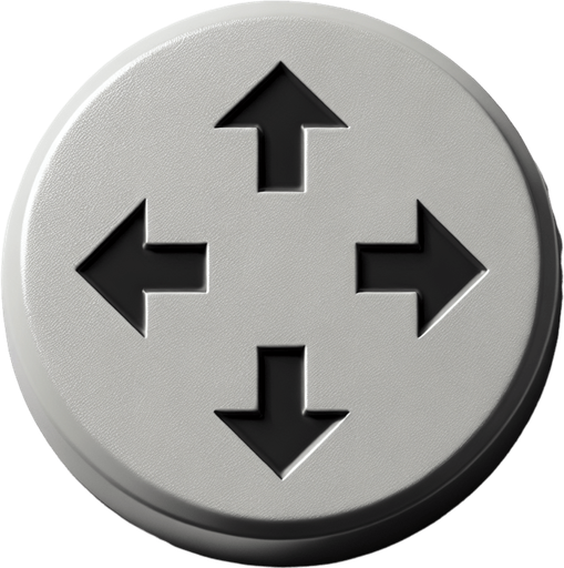 top view of a simple concave gray plalstic button with 4 large black directional arrows printed on it..