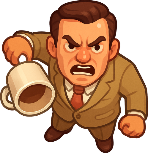 A guy in a leisure suit is 50s holding a large empty coffee cup in his arm facing down, he just threw the coffee at someone. Looks angry as fuck. Cute soft graphics. soft ambient light. semi-matte to satin surfaces. naturalistic with slight saturation boost colors. Tone is premium, friendly, clean with lifestyle or service-oriented appeal.
In-Game asset.  2d.  High contrast.  No shadows. top down. View from above..
In-Game asset.  2d.  High contrast.  No shadows