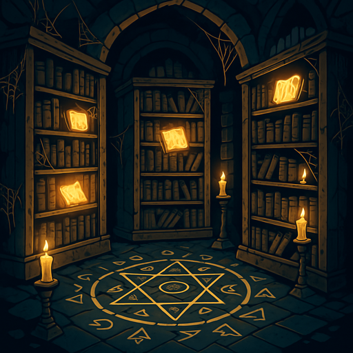 An ancient hidden library with towering dusty shelves, glowing enchanted books, cobwebs, stone floor with arcane symbols, candlelit mystery.
In-Game asset.  2d.  High contrast.  No shadows