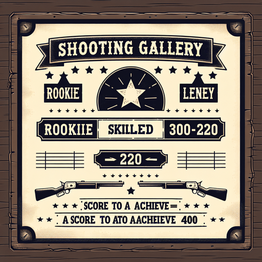a western shooting gallery ranking charts written rookie (70) skilled(220) legendary (400).
Single Game Texture. In-Game asset. 2d. Blank background. High contrast. No shadows.