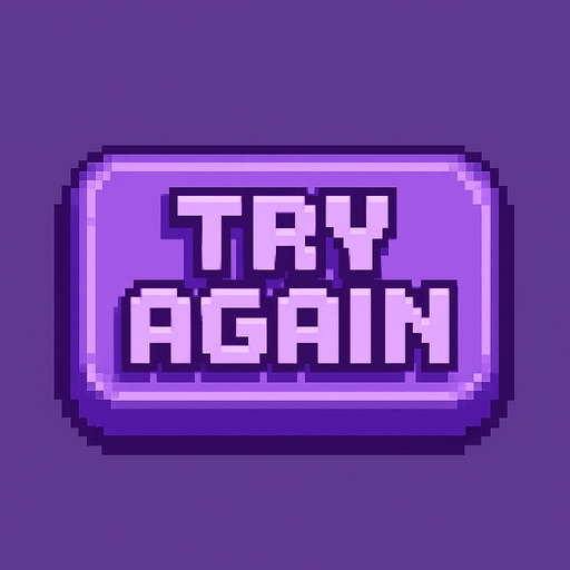 Pixel art “Try Again” button, retro arcade style, purple tones, soft shadows, chunky text, fits rhythm game UI..
In-Game asset.  2d.  High contrast.  No shadows
