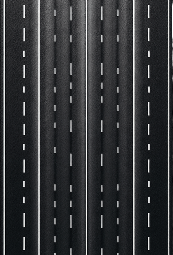 1. **Description Précise** : Je souhaite une représentation d'une route composée uniquement de l'asphalte, sans les éléments habituels qui délimitent les côtés de la route, tels que les trottoirs, les bordures, ou les lignes de démarcation latérales.

2. **Couleur et Texture** : Je souhaite que cette route soit de couleur noire. La texture est celle du goudron.

3. **Éléments de la Route** : Il n'y a pas de panneaux, juste un marquage centrale réglementaire blanc de délimitation entre le cote droit et le cote gauche. Il y a aussi 
 les marquages latéraux composés d'une ligne continue blanche réglementaire.

4. **Perspective et Dimension** : Je souhaite une vue de dessus, pas de perspective en 3D, ni de  vue en angle. Le sens est vertical, c'est à dire qu'on parcours la route en partant du haut vers le bas de l'écran. La largeur est quatre fois moins grande que la hauteur. La largeur de la route en haute l'écran est la même que la largeur en bas de l'écran.

5. **Contexte et Environnement** : il s'agit d'une route de campagne seule. On la regarde d'en haut et on ne voit que la route. L'image de la route commence et fini au bord de la route sur les quatre cotes..
Single Game Texture. In-Game asset. 2d. Blank background. High contrast. No shadows.