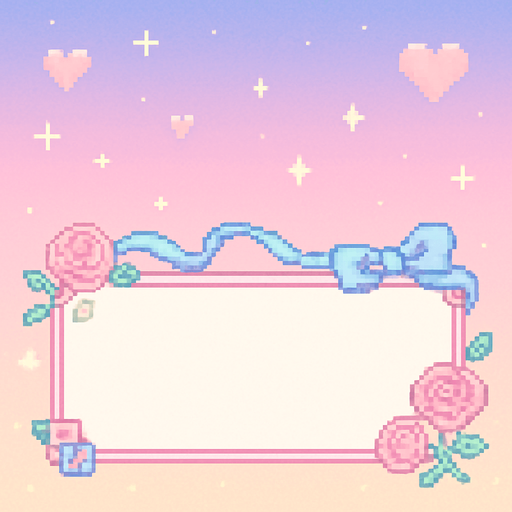 Ilustración en Pixel Art de un Name Box blanco, característico de una novela visual romántica, con detalles en colores pastel. El cuadro no contiene texto.