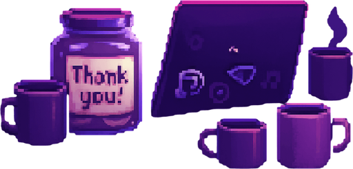 A 2048x2732 vertical pixel art background for a “Support Us” screen in a rhythm-based pixel art game. The scene continues the cozy neon-lit DJ room theme from the main menu, but zooms in slightly on the desk. A pixel-art tip jar labeled “Thank you!”, a laptop covered in music-themed stickers, coffee mugs, and glowing synth equipment are visible. Lighting remains dreamy and lo-fi with purples and soft blues. The mood feels warm, humble, and inviting. No characters or text — just the environment.. In-Game asset. 2d. High contrast. No shadows.
In-Game asset.  2d.  High contrast.  No shadows