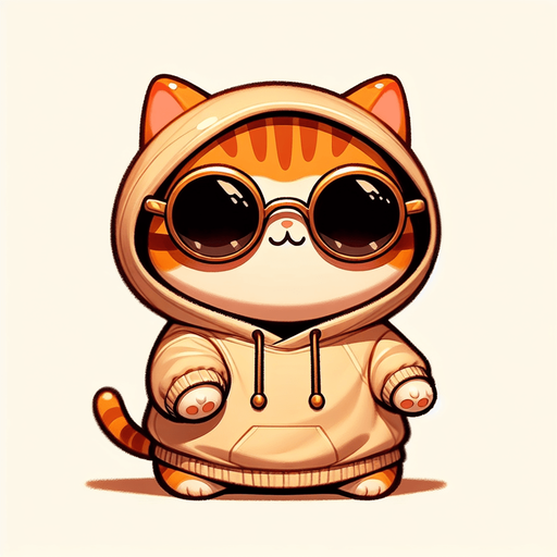 The character in the image, a cartoon-style orange tabby cat with striking stripes, momentarily shifts its relaxed posture. Its round face, partially obscured by oversized, round, dark opaque sunglasses, suddenly animates with a hint of movement. From its small, cute, and chubby body clad in a simple, light-colored hoodie, a soft 'meow' escapes, adding a layer of charm and liveliness to its demeanor. The cat's paws, previously resting comfortably in front, slightly adjust as if to communicate through this gentle sound. This playful and whimsical moment enriches the character's appeal, making it an even more endearing mascot or protagonist for a children's book, bridging the gap between the visual and the expressive..
Single Game Texture. In-Game asset. 2d. Blank background. High contrast. No shadows.