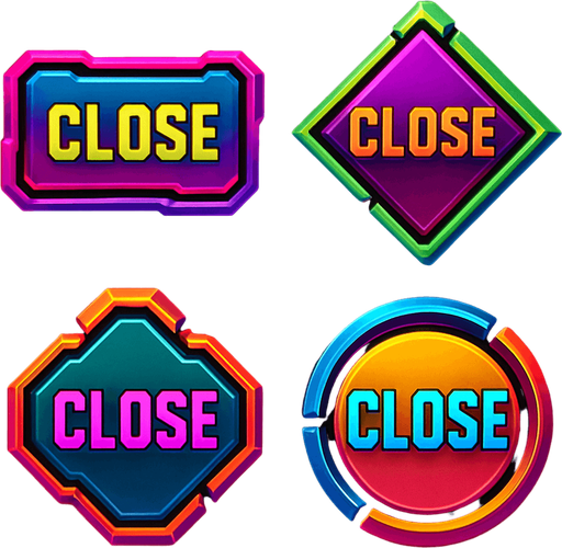 Close buttons random shapes & have text 'Close'. HD colors. Cyberpunk. Abstract. Different colors.
In-Game asset.  2d.  High contrast.  No shadows