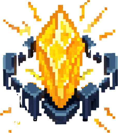top down pixel art, energy crystal, yellow, spiky, charged, held on all sides by sci fi metal clamps
In-Game asset.  2d.  High contrast.  No shadows