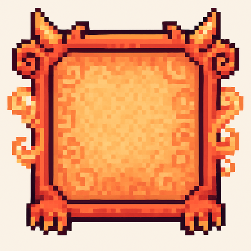 A square pixel art character selection frame inspired by a cute baby dragon. The frame includes fantasy elements like tiny dragon horns on the top corners, small claws at the bottom, and subtle flame or smoke decorations curling around the edges. The background inside the frame should have a soft and decorative texture, matching the baby dragon theme, using soft red, orange, and golden tones. The character will be placed on top of this frame later, so leave the center visually calm and not too detailed. The frame should be viewed from the front and designed for a 2D game UI..
In-Game asset.  2d.  High contrast.  No shadows. pixel art. front view. fantasy. cute. retro. pastel colors. ui element