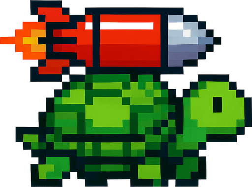 a turtle having a misile on her shell, pixelart.
In-Game asset.  2d.  High contrast.  No shadows