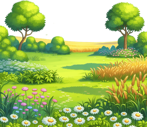 A beautiful meadow in summer, seen in perspective from a low altitude plane..
Single Game Texture. In-Game asset. 2d. Blank background. High contrast. No shadows.