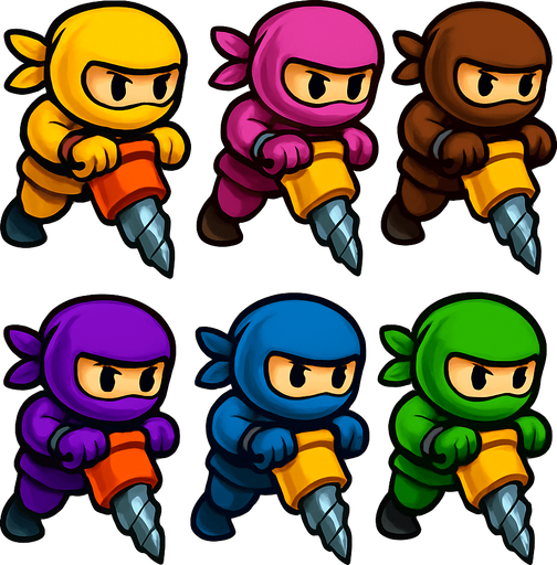 Pack of ninja characters with dig machine of sharpe rotated head of hands not trucks. different colors,yellow,pink,brown,purple,blue,green,red, HD colors