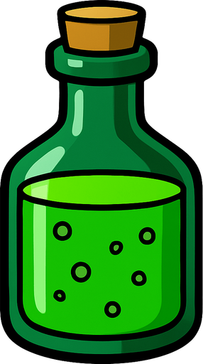 Yeşil bir şişe içinde yeşil sıvı var.
In-Game asset.  2d.  High contrast.  No shadows