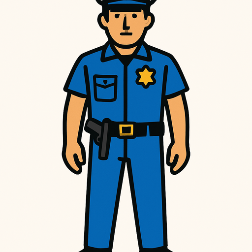 mavi polis giysili, cebinde silah olan tüm vücudu görünen bir polis.
In-Game asset.  2d.  High contrast.  No shadows