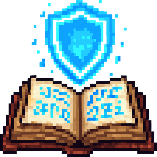 "2D pixel art of a glowing blue shield symbol emerging from an open magical spellbook. The spellbook has old, worn covers and glowing arcane runes on its pages. The shield symbol floats above the book, made of radiant blue magical energy, slightly transparent and softly glowing. It represents protection or a defensive spell. Style is classic 16-bit fantasy RPG pixel art. Transparent background.".
In-Game asset.  2d.  High contrast.  No shadows
