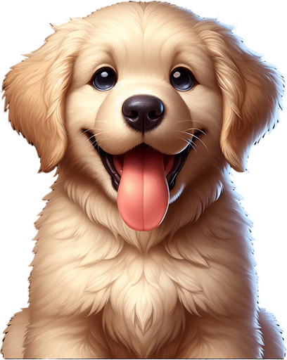 A happy golder retriever puppy. tongue hanging out in happiness. sitting down and looking at the viewer..
Single Game Texture. In-Game asset. 2d. Blank background. High contrast. No shadows.