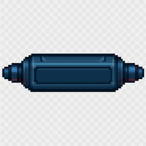 A horizontal paddle for a 2D breakout arcade game, styled like a laser weapon but without active lasers.
Color: dark metallic blue with red glowing accents on each side, similar to a powered-down version of a laser cannon.
Keep the same shape and style as a laser paddle but make it look inactive.
Top-down view, centered, transparent background.
Resolution: 128x32 px.