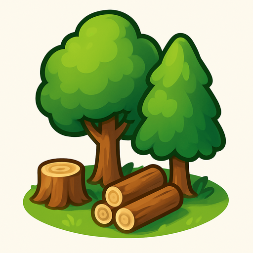 Crea un nodo de recurso de Bosque de Madera en un estilo 2D renderizado, limpio y cartoonish, con contornos claros y definidos, colores vibrantes con transiciones suaves, y sombreado que dé volumen. Debe ser fácilmente reconocible como una fuente de madera.

Estructura Principal: Un pequeño grupo de árboles estilizados de diferentes alturas y formas. Los troncos deben ser marrones y las copas verdes (variedad de tonos de verde).

Suelo: Un poco de hierba verde alrededor de las bases de los árboles.

Recursos Visibles: Debería haber algunos troncos cortados o pilas de madera pequeñas cerca de los árboles para indicar que es una fuente activa de madera.

Claridad: Debe haber suficiente espacio entre los elementos para que los trabajadores puedan interactuar con ellos visualmente.

Dimensiones Sugeridas: Similar a los otros nodos de recursos (64x64 o 96x96 píxeles)..
In-Game asset.  2d.  High contrast.  No shadows