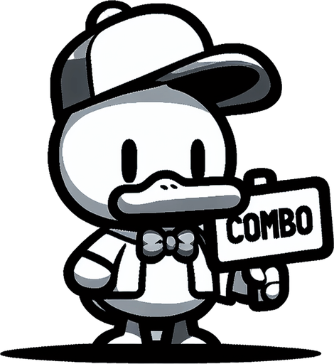 duck holding a sign written "combo".
Single Game Texture. In-Game asset. 2d. Blank background. High contrast. No shadows. duck holding a sign written "combo". Cartoon.