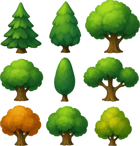 Pack of different tree, painted 3D tree, without black lines around it!
In-Game asset.  High contrast.  No shadows. 3D