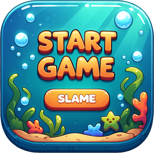 Game start sign. cartoon, shiny, underwater theme. "START GAME".
Single Game Texture. In-Game asset. 2d. Blank background. High contrast. No shadows.