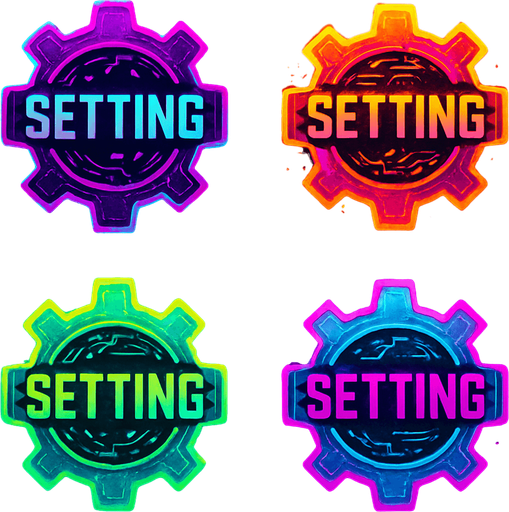 Setting buttons shapes as gears or cogs have text 'Setting'. HD colors. cyberpunk. Abstract. Different colors.
In-Game asset.  2d.  High contrast.  No shadows