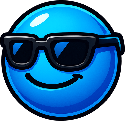 A cool blue round ball.
In-Game asset.  High contrast.  No shadows He has sunglasses and a cool smile