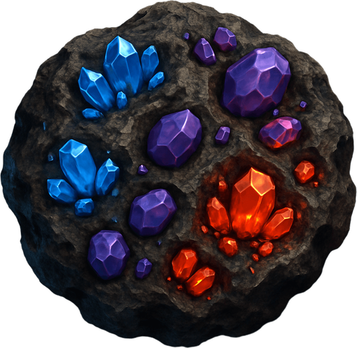 Uzay temalı asteroid, üzerinde cevherler bulunsun, gerçekçi, yazısız üstten görünüm. 
In-Game asset.  High contrast.  No shadows